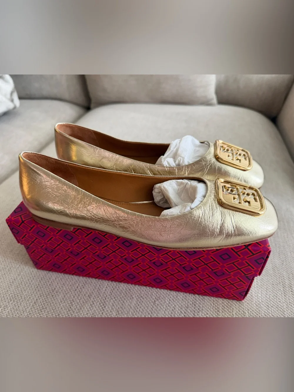 Tory Burch Georgia ballet Metallic Gold Logo Square-Toe Flats